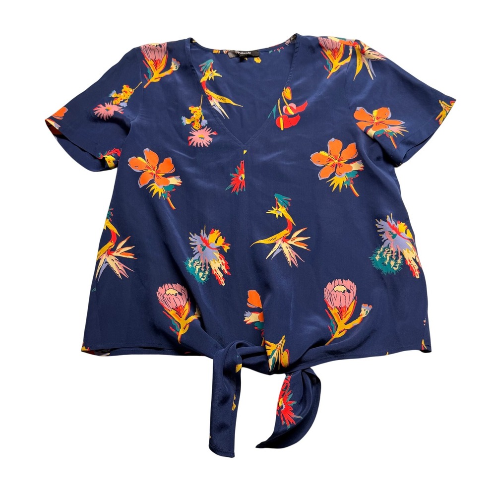Madewell Silk Tie Front‎ Top Navy Blue Tropical Floral V-Neck Short Sleeve XS